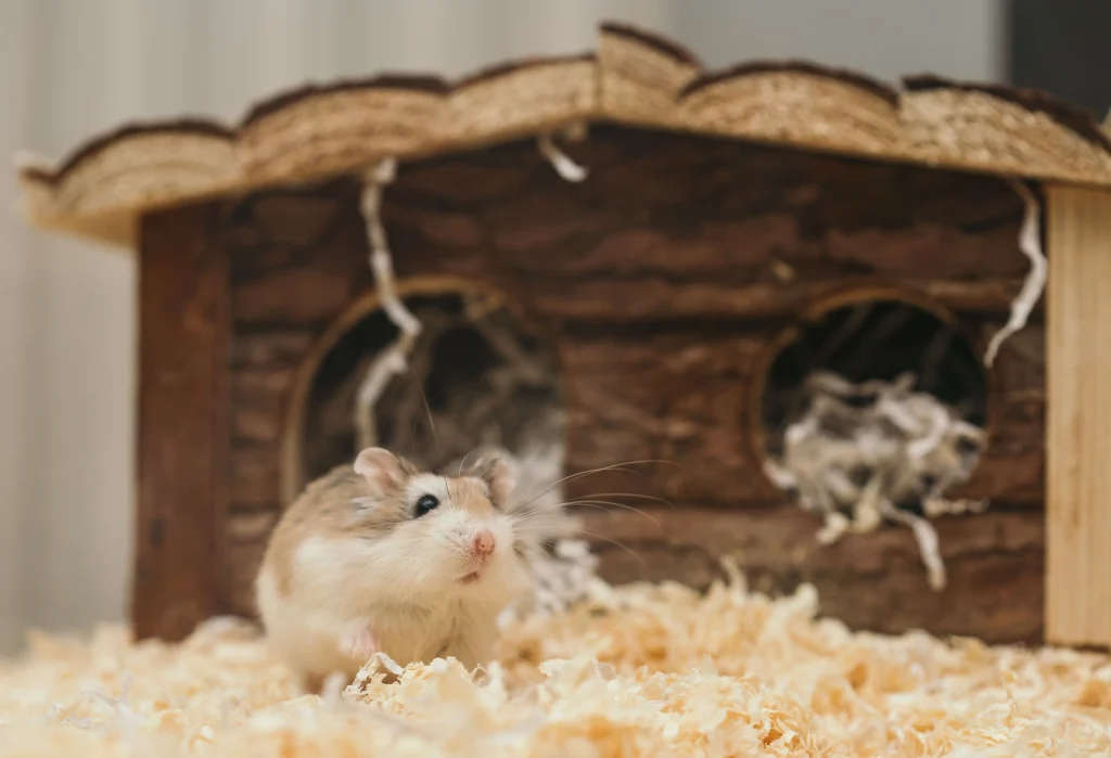 Chomik chiński poruszający się po drewnianej gałązce w terrarium z grubą warstwą ściółki